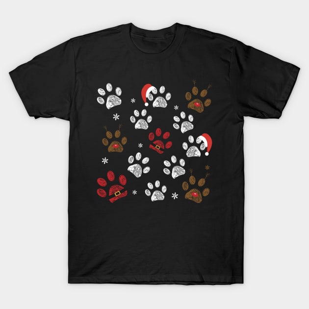 Paw prints with santa claus, deer and red hat T-Shirt by GULSENGUNEL